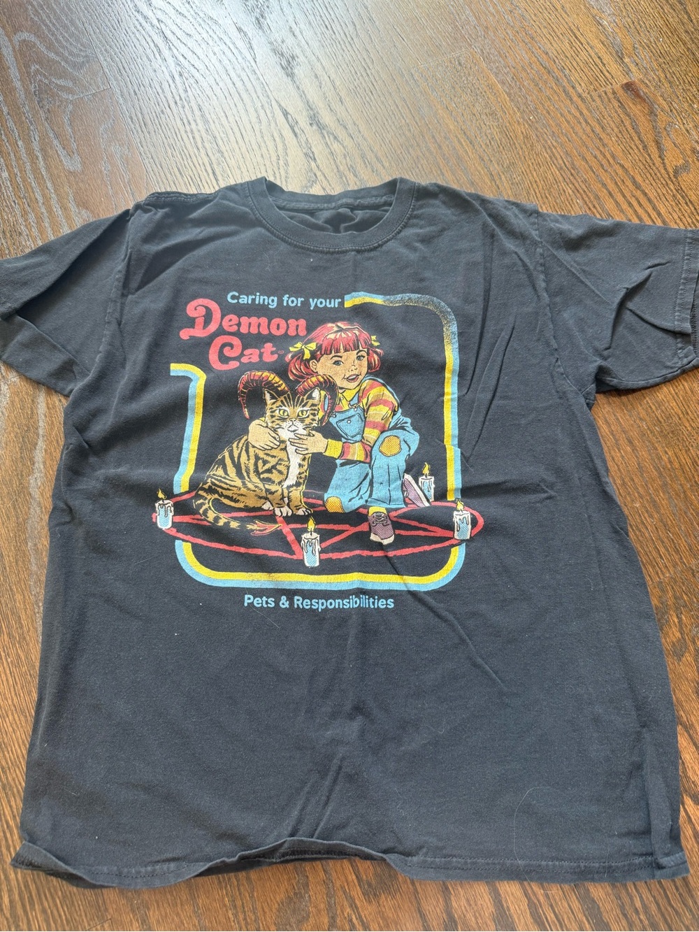 Black Graphic Tee "Demon Cat" Cartoon Print